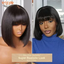 Natural Scalp Short Bob Wig With Bangs Human Hair Lace Top Straight Bob Wig Brazilian Remy Hair 180% density Wig For Black Women