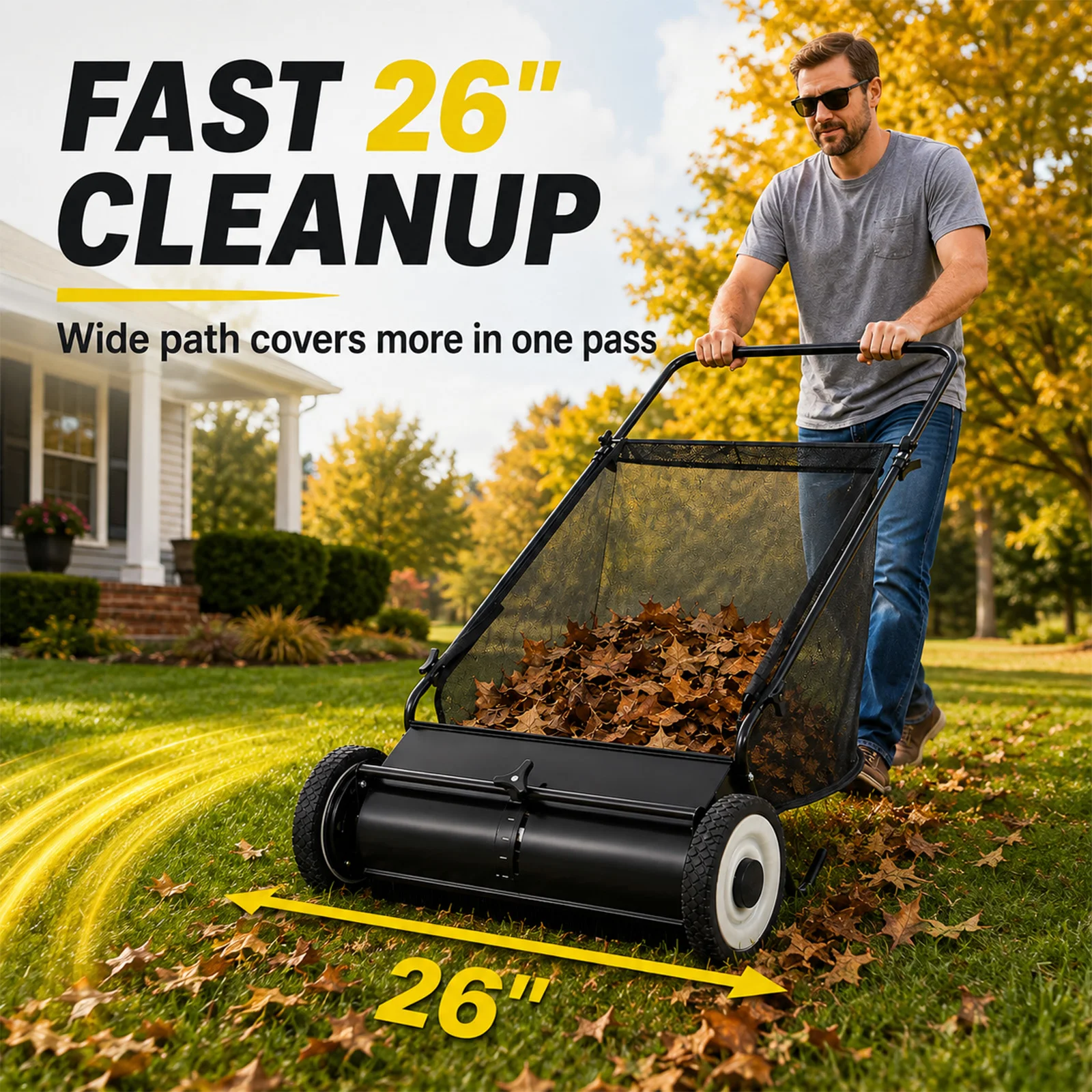 26-Inch Push Lawn Sweeper with 7 Cu. Ft. Large Hopper Capacity, 4 Rotating Brushes & Adjustable Height, Manual Leaf & Grass Collector for Yard, Driveway & Sidewalk
