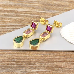 AIBEF Bohemian Square Droplet Shape Copper CZ Green Pink Rose Red Women Pendant Earrings Exquisite Jewelry Party Birthday Gift