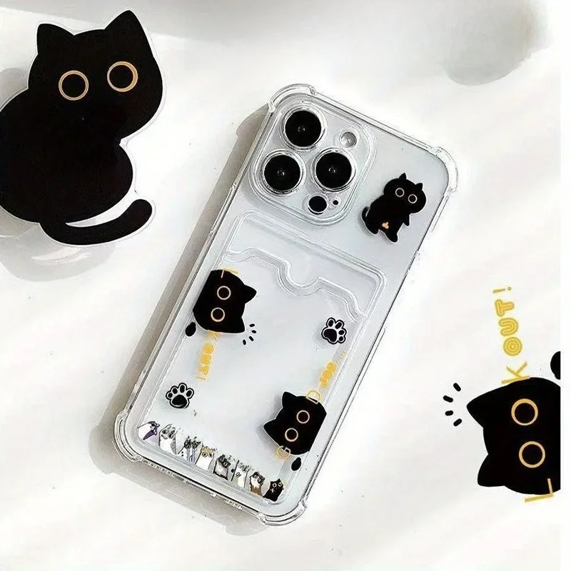 Étui de téléphone créatif avec porte-cartes pour chat pour iPhone 17 16 15 14 13 12 11 Pro Max XS X XR 7 8 Plus, coque transparente antichoc