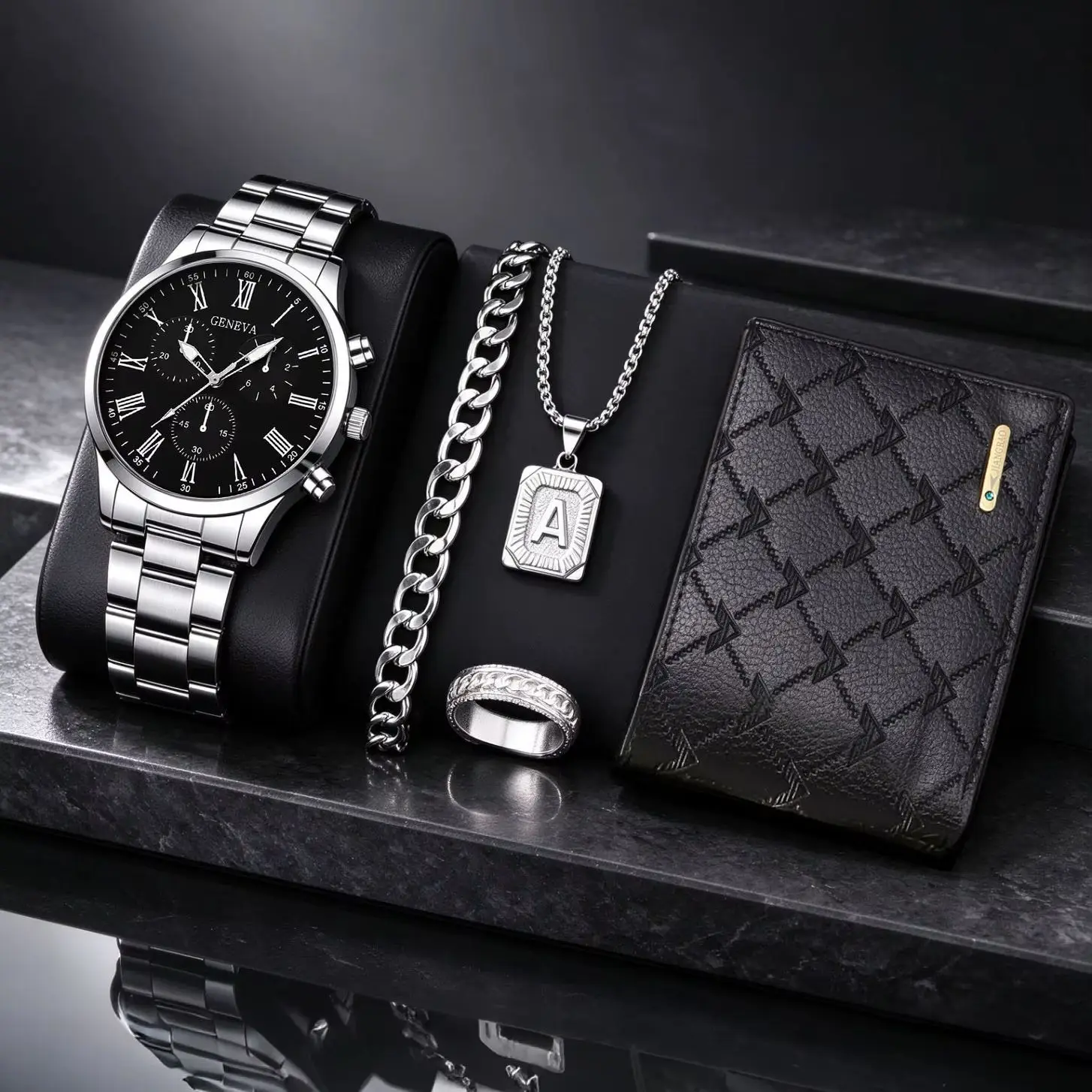 5-Piece Set of Men's Fashionable Casual Roman Numeral Quartz Watches with Accessories and Wallet Series Set, Suitable for Birthday Parties and Other Occasions, the Best Gift Choice.
