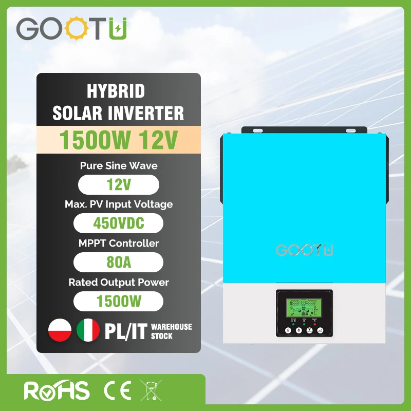 

GOOTU 1.5KW 12V Off Grid Solar Inverter 80A MPPT Controller Pure Sine Wave Inverter 220VAC Convert Over 94% for Solar Panel