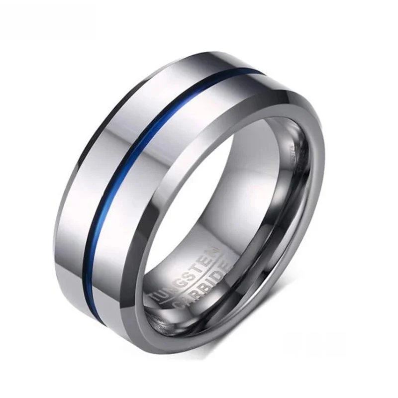 Somen Fashion 8MM Blue Line Polished Tungsten Carbide Ring Simple Style Wedding Bands Party Ring for Men Jewelry bague anillos — zdjęcie 2