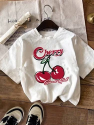 Women's White Round Neck Short Sleeve T-Shirt, Casual Cherry Printed T-Shirt, Suitable for Summer