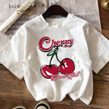 여성용 화이트 라운드 넥 반팔 티셔츠, 캐주얼 체리 프린트 티셔츠, 여름에 적합 