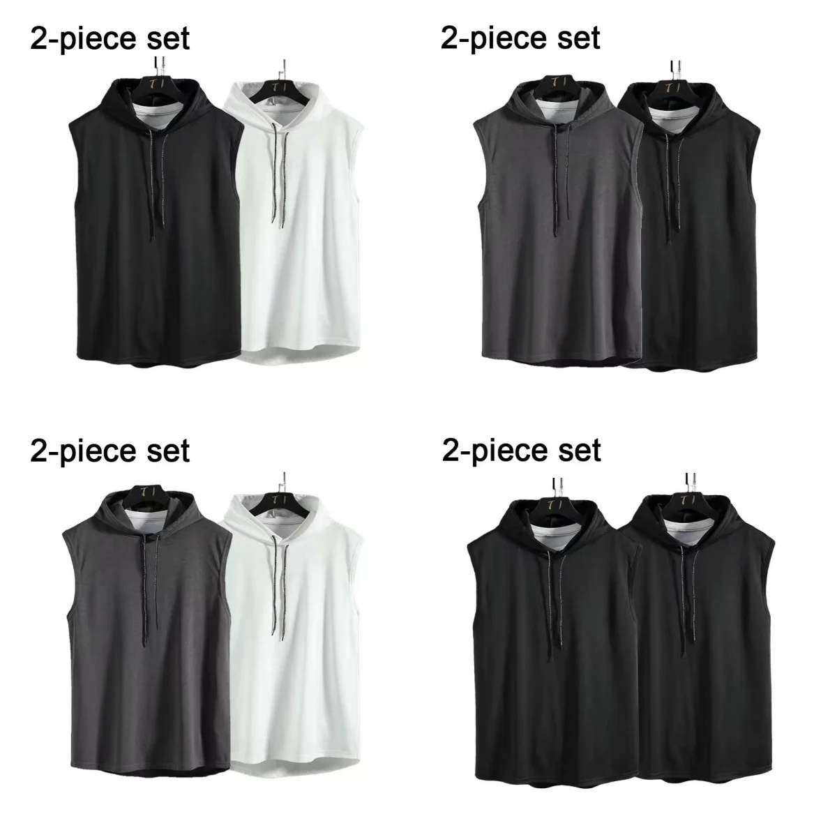 

Men's hooded vest two-piece set sleeveless casual sports fitness T-shirt summer loose solid color top