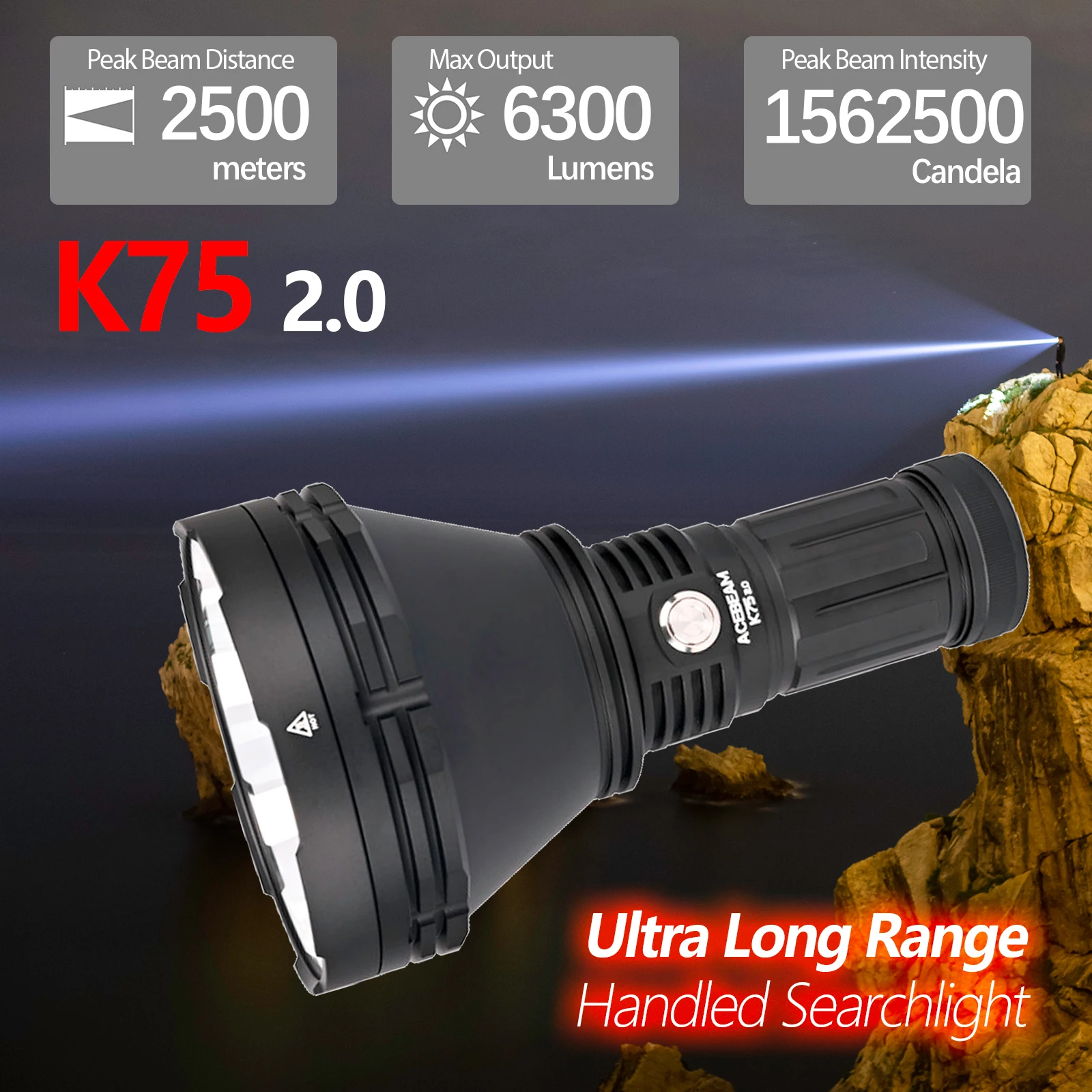 ACEBEAM K75 2.0 2500 Meters Ultra Long Range Searchlight 6300 Lumens Bright LED Flashlight Powerful Flashlights