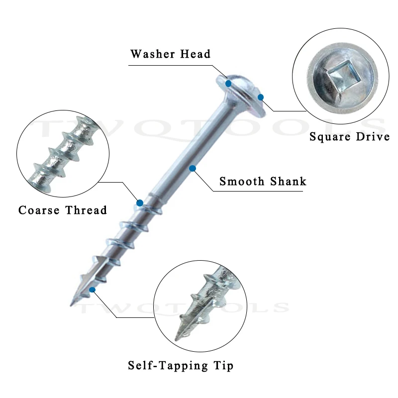 50pcs Square Drive Pocket Hole Jig Screws Coarse Thread Washer Head Self Tapping Wood Screw