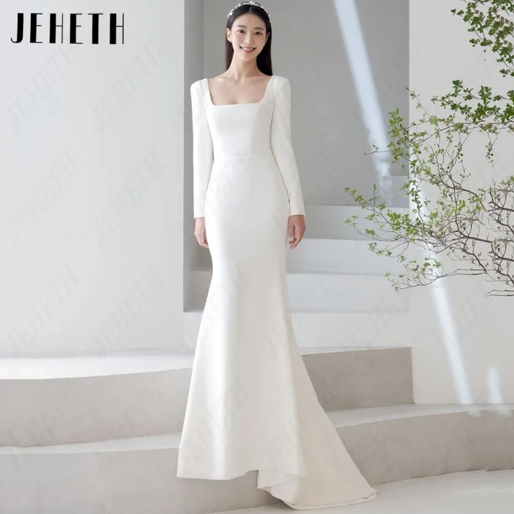 JEHETH Long Sleeves Square Neck Ivory Wedding Dresses Soft Satin Mermaid Korea Bridal Gowns Simple Elegant 웨딩드레스 Custome Made