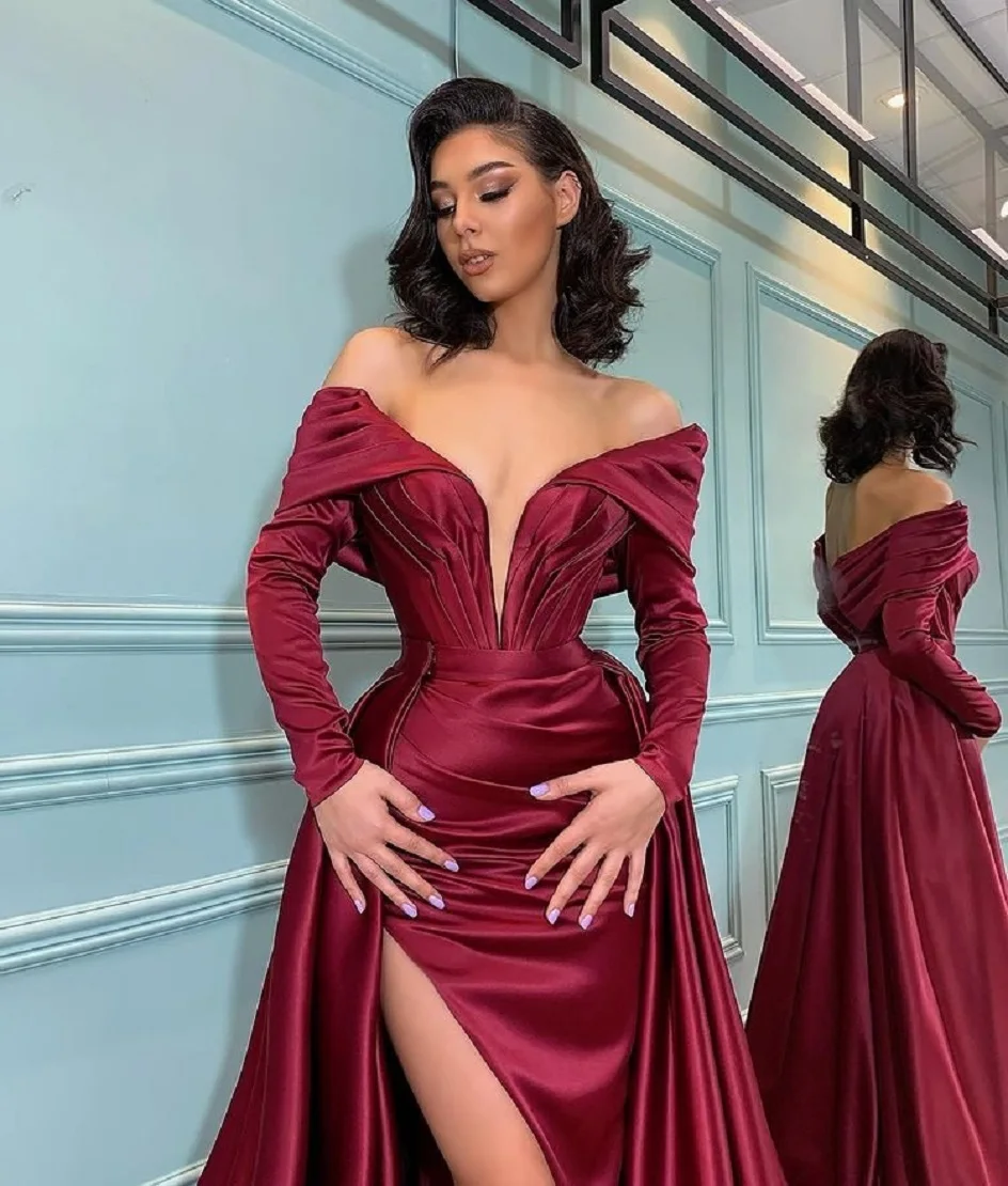 

Off-the-shoulder Satin Ruffles Prom Dresses Burgundy Long Sleeves Evening Dress Mermaid 2024 HotSexy Split Prom Dress Ball Gown