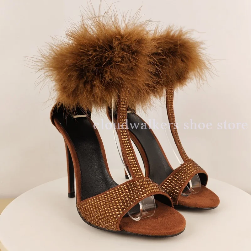 Chestnut Brown Suede T-Strap Hot Diamond Design Sandal Sexy Fur Ankle Strap Peep Toe Stiletto Sandal Festival Banquet Dress Shoe