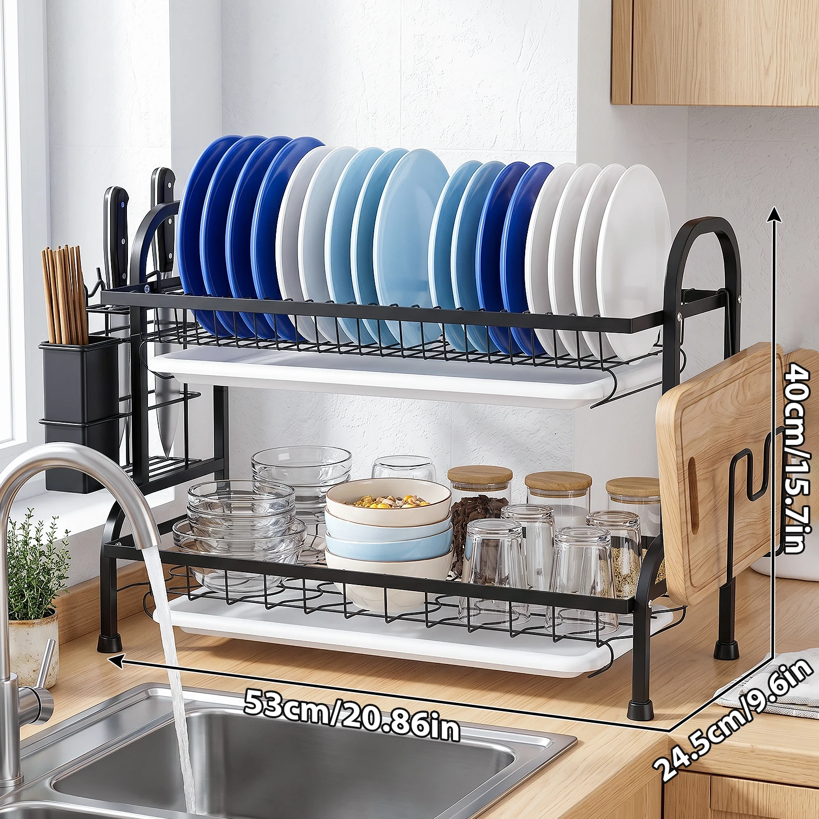 42 cm/53 cm – stojak na naczynia kuchenne, organizer na talerze do umieszczenia na blacie, dwupoziomowy, wielofunkcyjny pojemnik na naczynia z uchwytem na deskę do krojenia i tacką na przybory