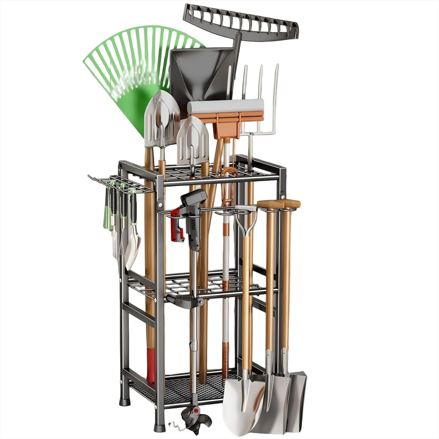 Tuingereedschaphouder met haken en plank, gereedschapsrek van koolstofstaal voor tuin, garage en werkplaats, 40*32*79,5cm