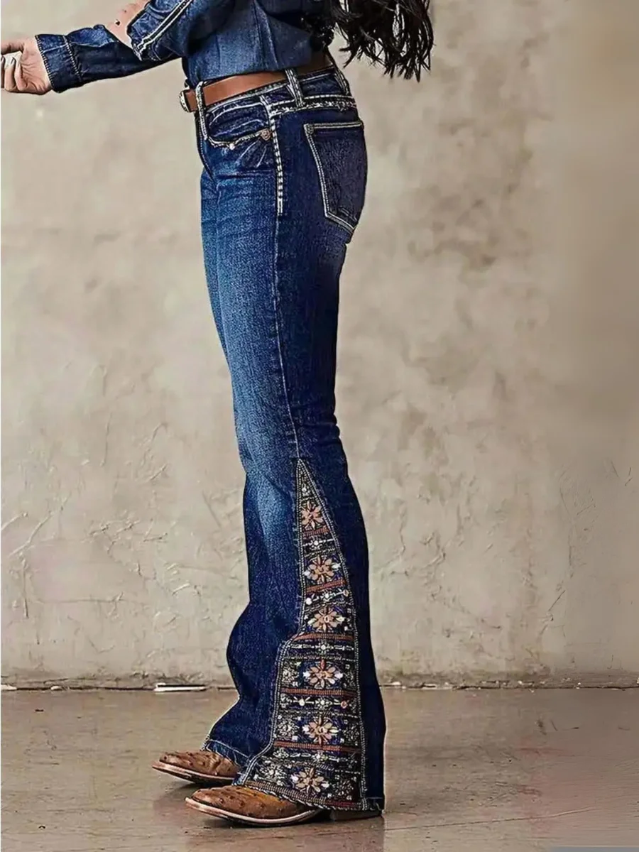 HME [Y2K جينز متوهج] جينز نسائي مطبوع بحاشية بيزلي، سروال فلورا أنيق مطبوع للنساء T04