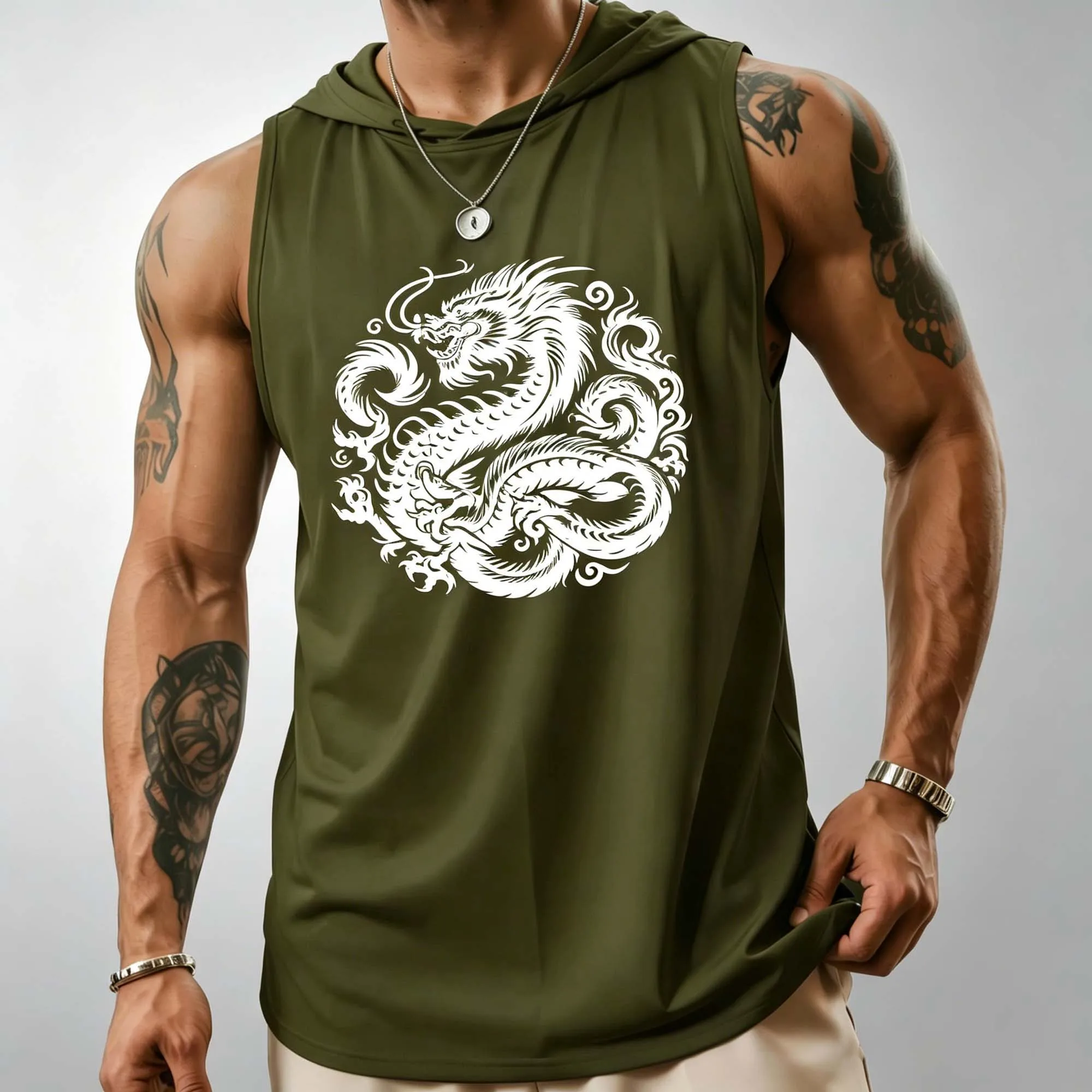 Retro Traditional Dragon Pattern Men Hooded Sleeveless Tank Solid Summer Daily Casual Sleeveless Tops for Fitness to Show Muscle