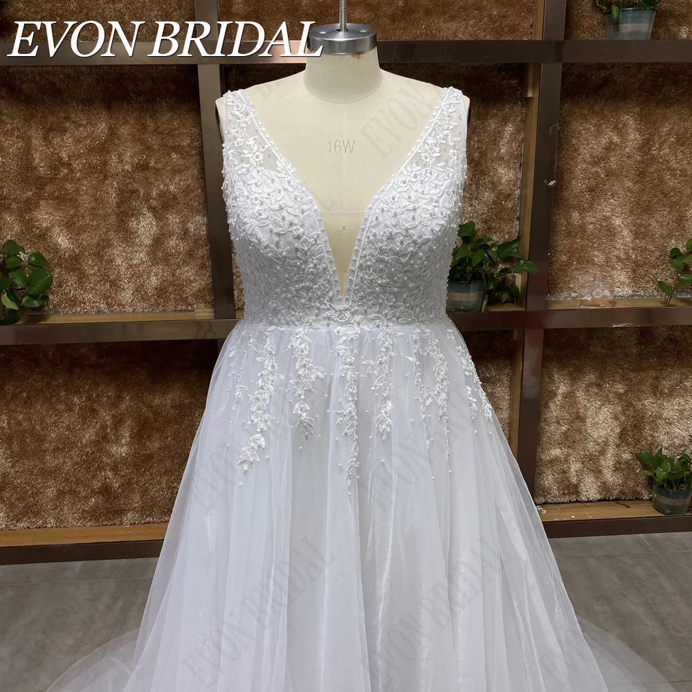 EVON BRIDAL Vestidos de novia en vivo de mayor tamaño mujer V cuello encaje túnica de perlas de Marié e Bohemia TUL a vestido de novia sin espalda aplicación romántica personalizada Playa de vestidos de novia mariage