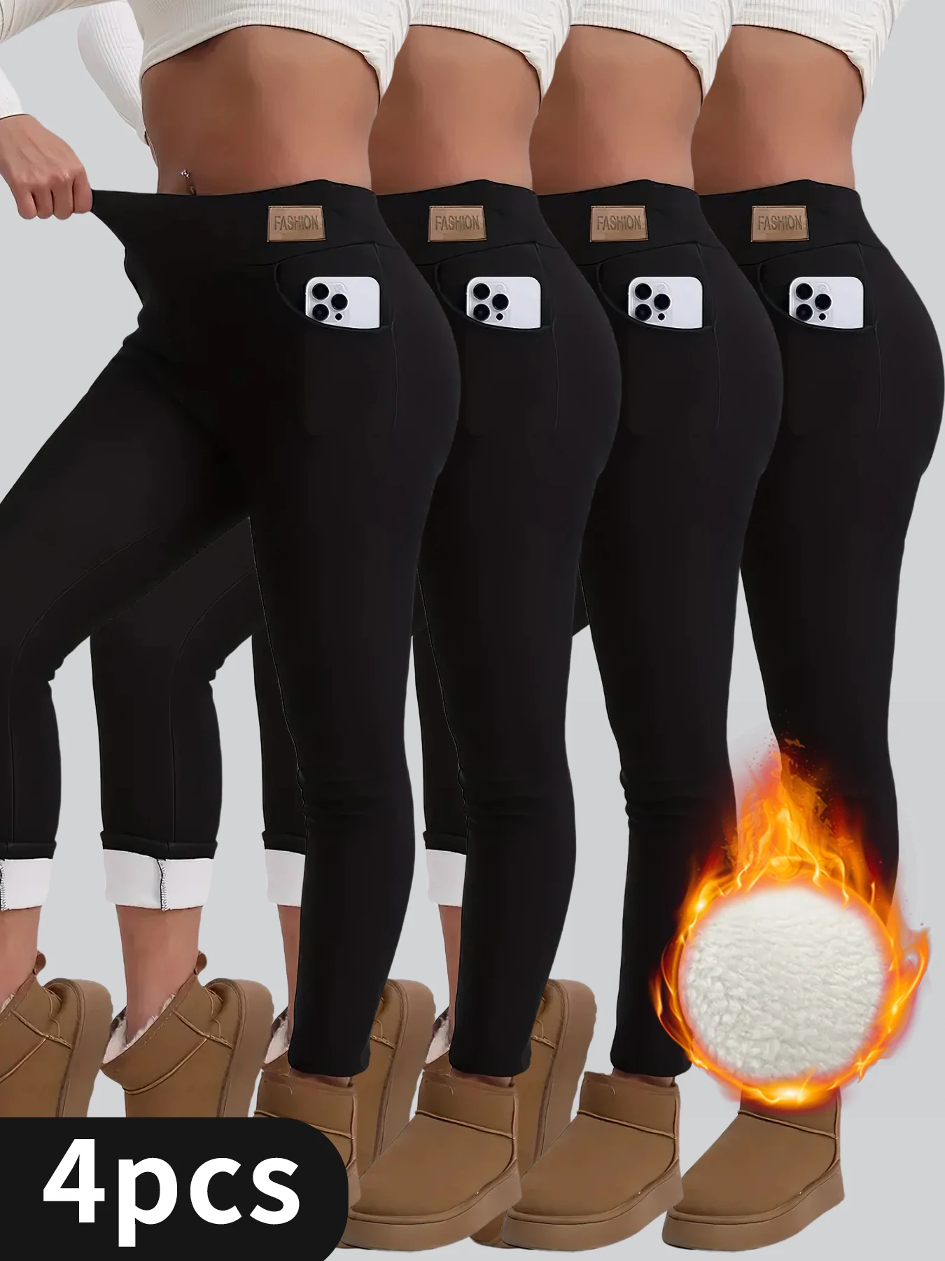 

4-Pack Women's High-Waisted Thermal Leggings with Fashion Leather Logo,Winter fleece-lined thick yoga pants for outdoor wear