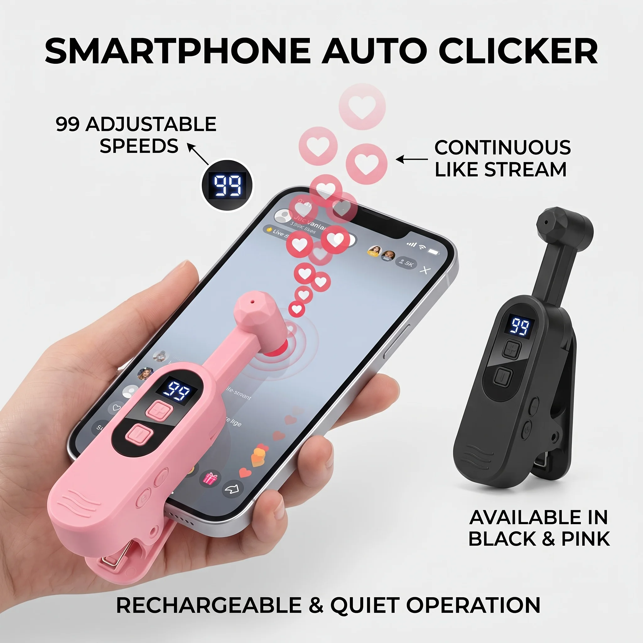 Universal Smartphone Auto Clicker Clip-on Screen Tapper with 99 Adjustable Speeds Quiet Rechargeable Continuous Tapping Device for Live Stream Likes Social Media No App Needed