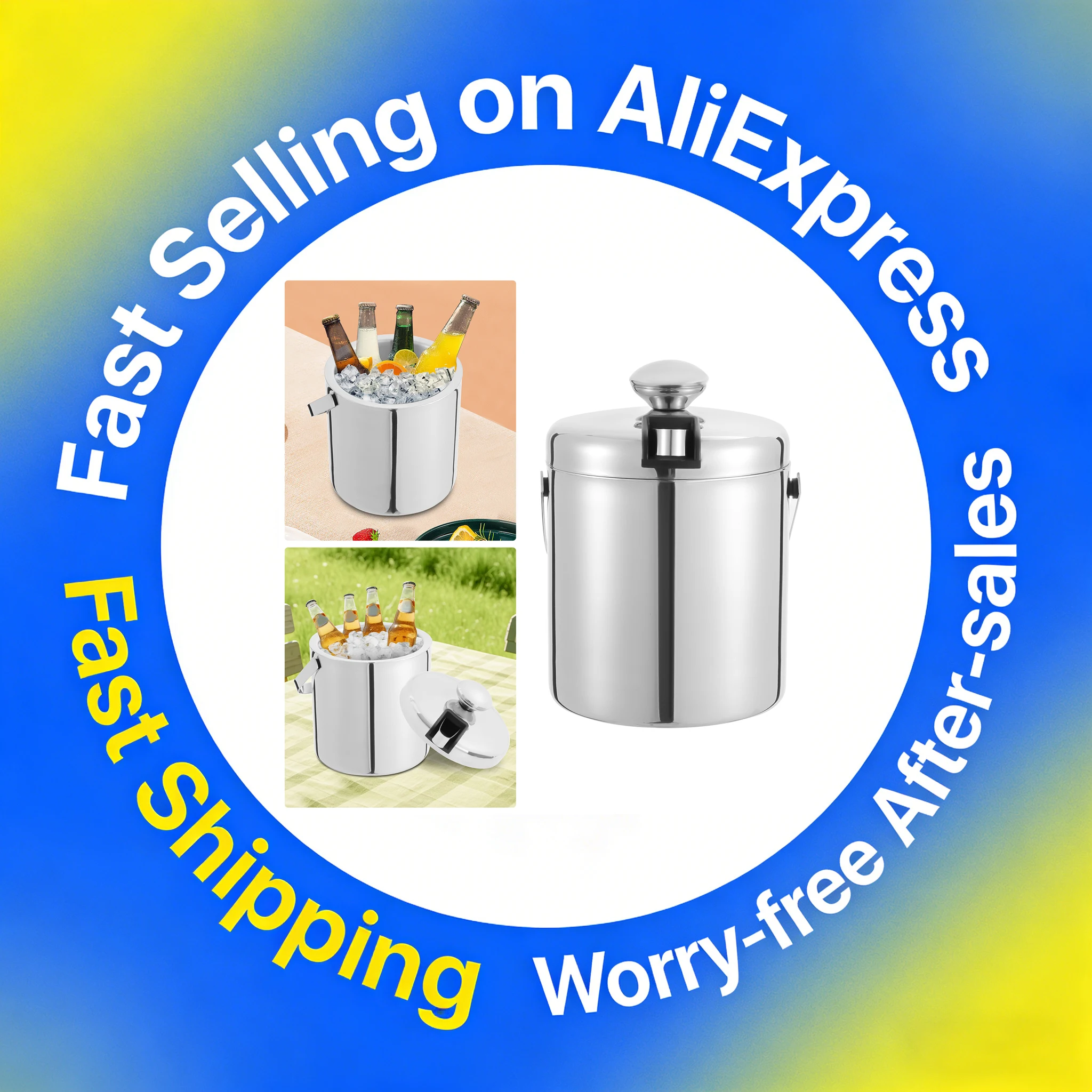 

1.3L Double-Wall Insulated Ice Bucket Stainless Steel Ice Cube Beverage Container Silver with Ice Tongs and Lid for Bar, Party