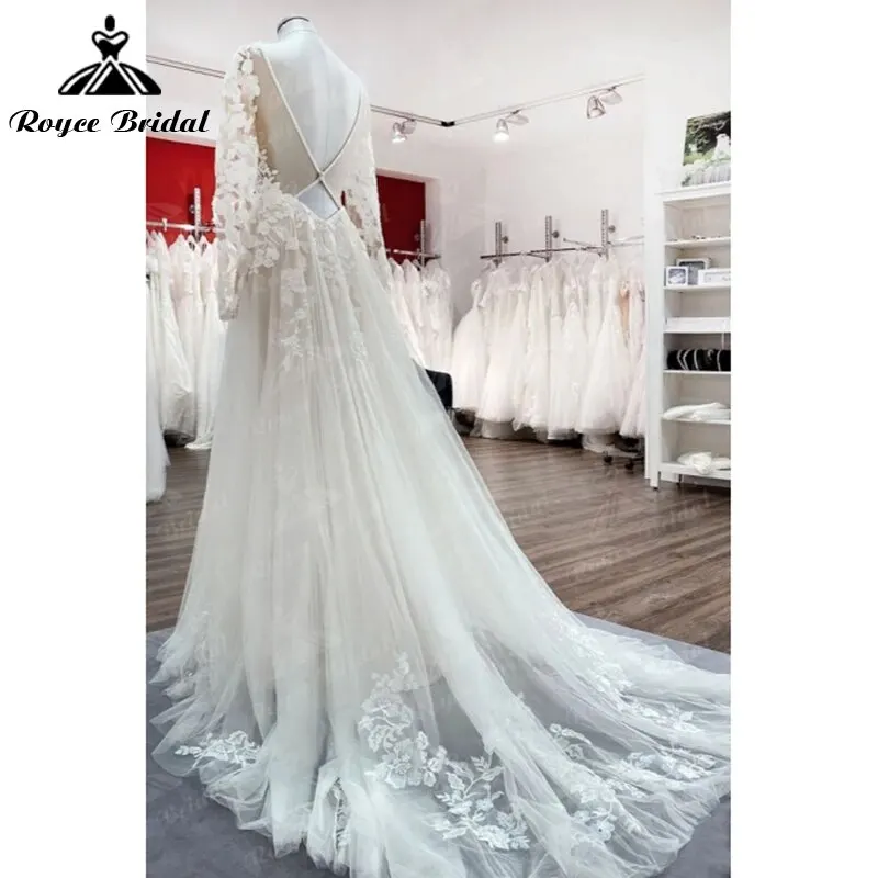 Exquisite V-neck Full Cap Sleeve Sexy Back Button Lace Appliques A-Line Wedding Dress Tulle Bridal Gown Sweep Boho vestidos robe