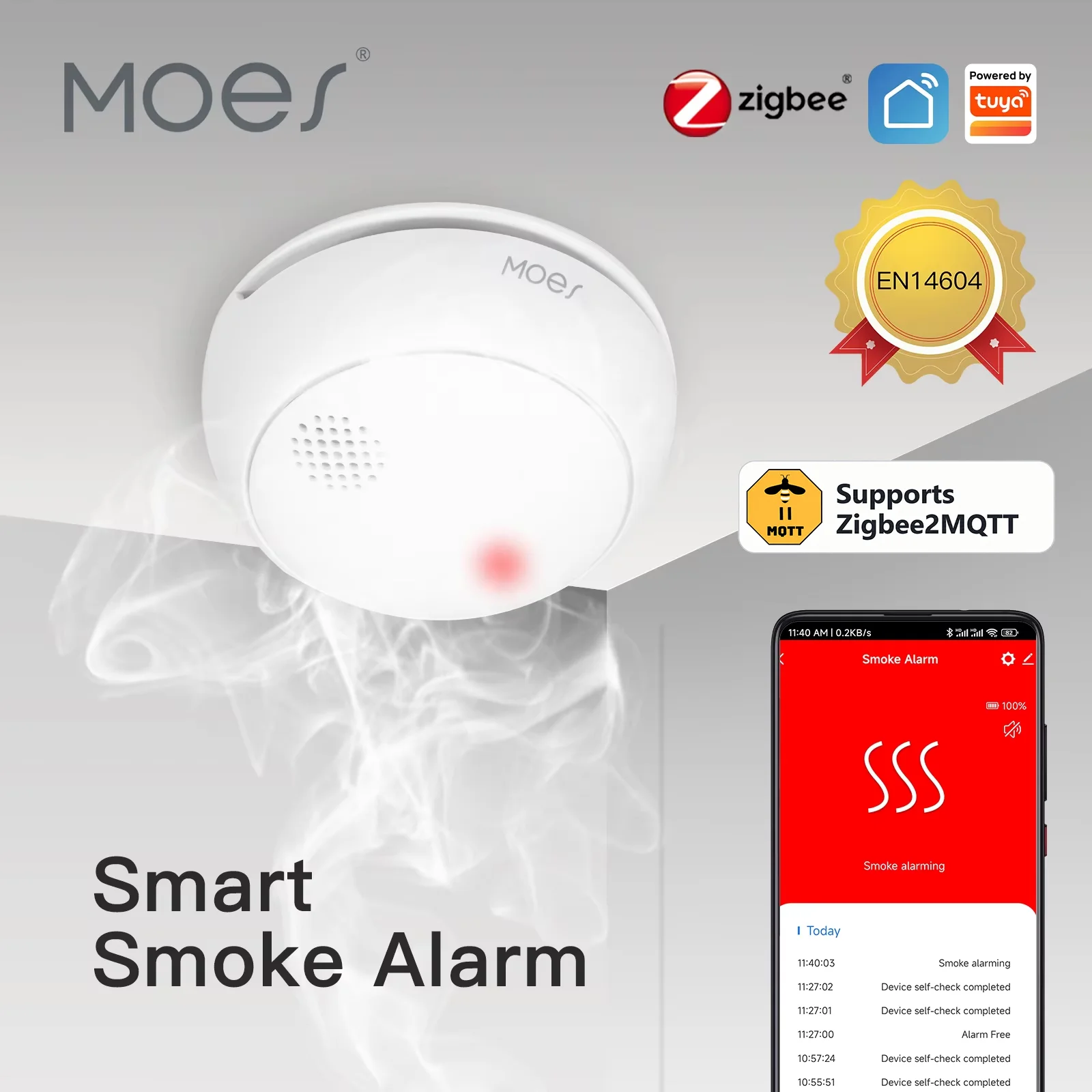 MOES Zigbee2MQTT Smart Wireless Smoke Detector Fire 85dB Sound Alarm Siren Sensor Smart Safety Protection Home Kitchen App Alert