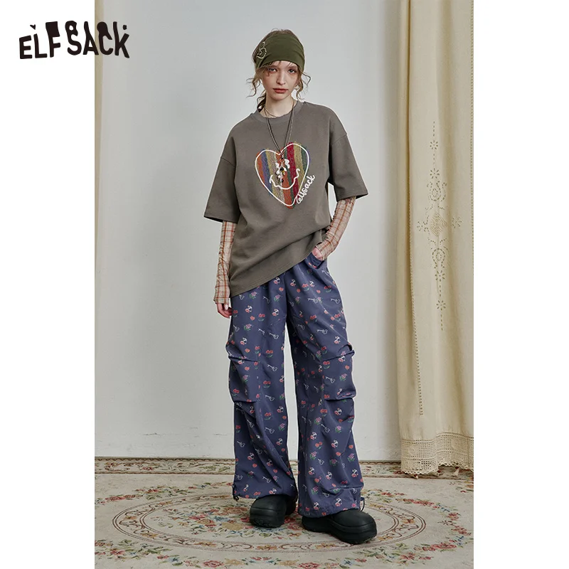ELFSACK 2025 Spring New Arrivals High Street Loose All-over Print Casual Wide-Leg Pants for Women
