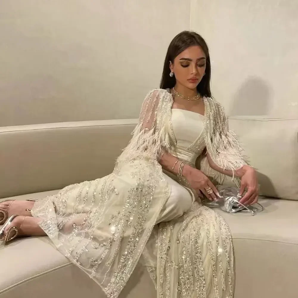 15823# Customized Dubai Feathers Sequined Lace Evening Dresses For Women Ankel Length Wedding Luxury Arabic Formal Party Gown