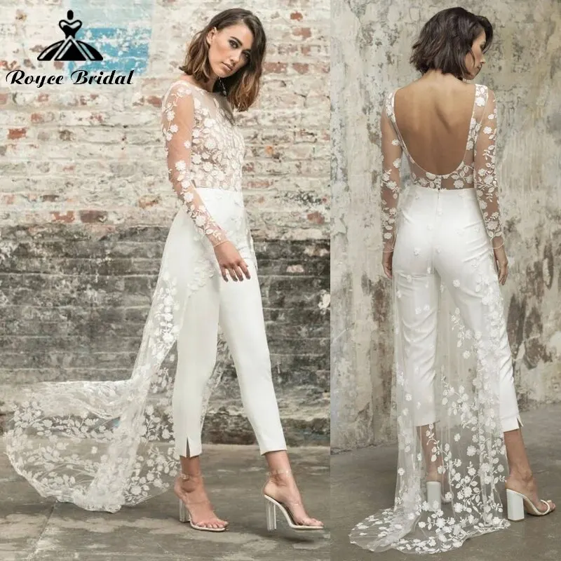 Sexy O-Neck Open Back Cap Long Sleeves Applique Lace Jumpsuits Wedding Dresses Satin Brides Gowns Sweep Formal robe de mariée