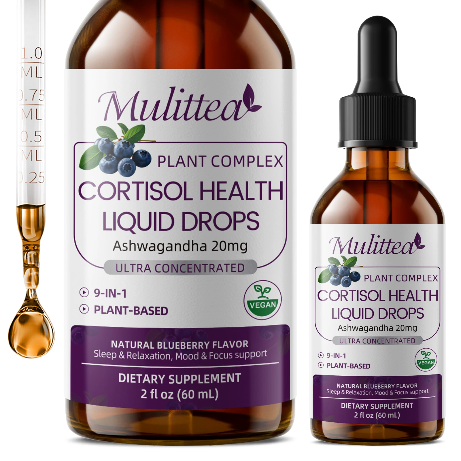 Mulittea Plant Compound Cortisol Health Drops with Ashwagandha，L-Theanine & Chamomile Cortisol Reducer, Manager & Detox Calm, Sleep & Relaxation Mood & Focus Support