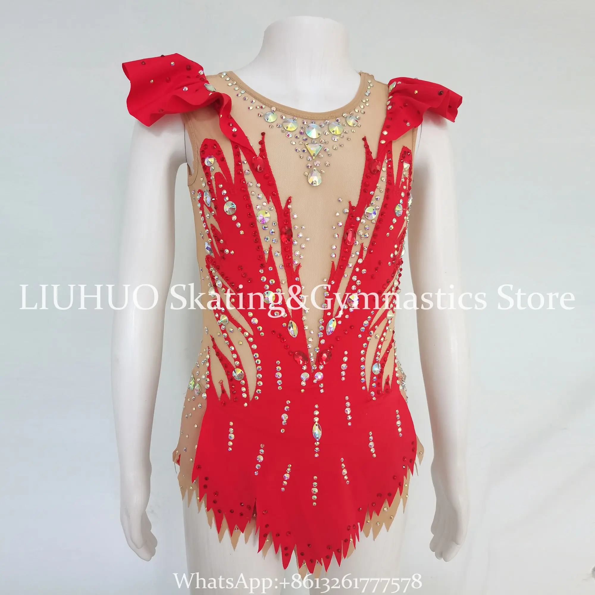 Rhythmic Gymnastics Leotards Girls\' Women Red Ice Figure Skating Dress Sleeveless Dancewear Competition Dress