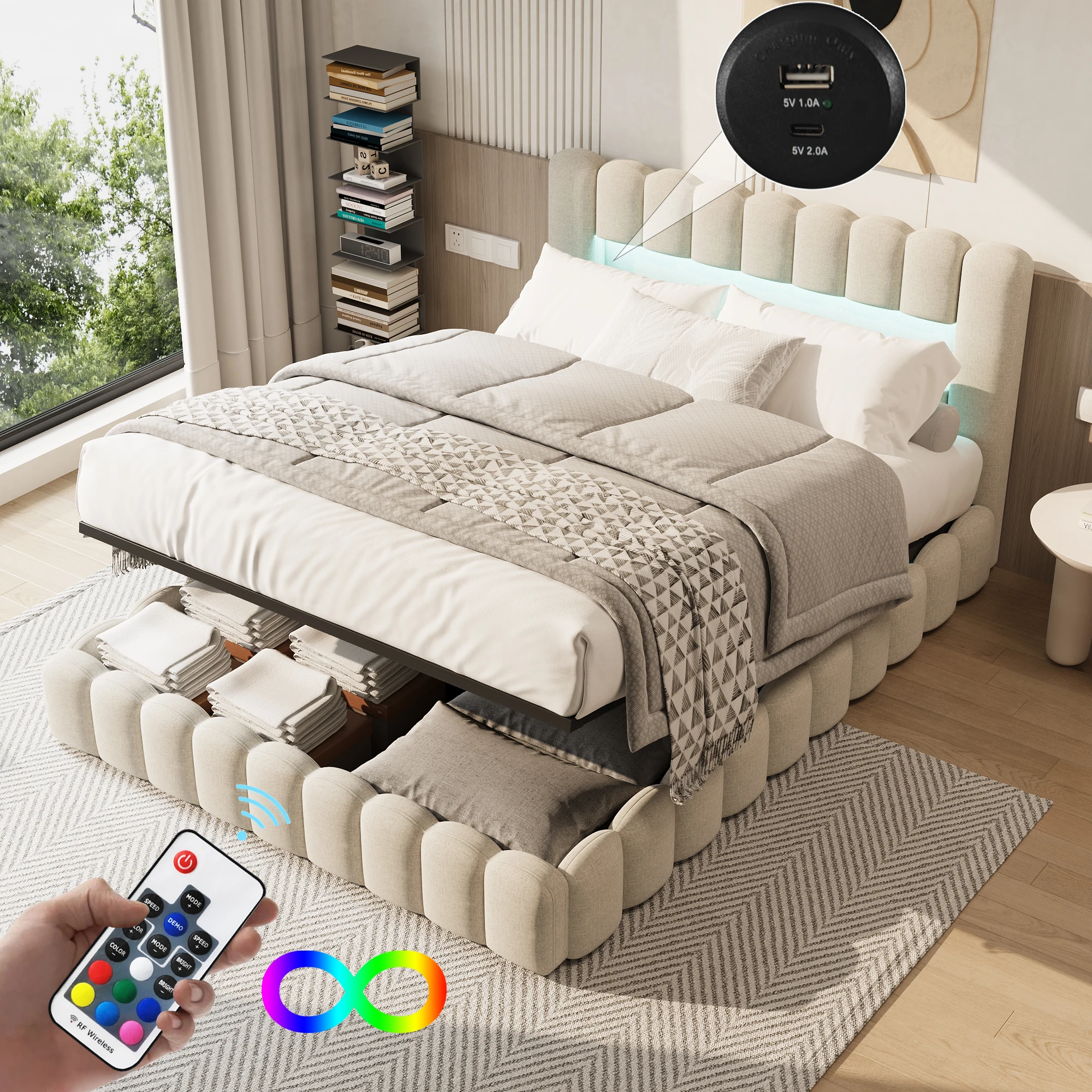 MINGZHE Lit Coffre 160 x 200 avec Sommier Coffre, Lit Double Rembourré avec sommier à Lattes, Lit 2 Personnes avec LED et USB