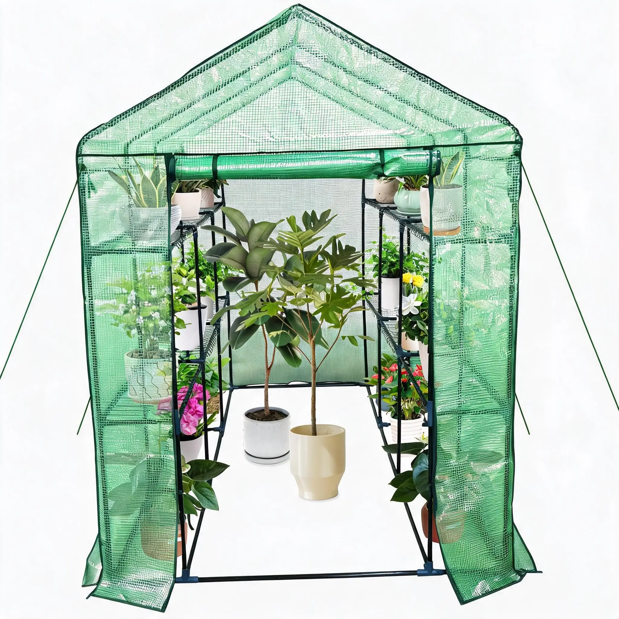 Serre de jardin à 3 niveaux avec 6 étagères, abri pour plantes avec couverture en PVC résistant aux intempéries, porte à fermeture éclair enroulable, serres d'extérieur, 143x215x195cm