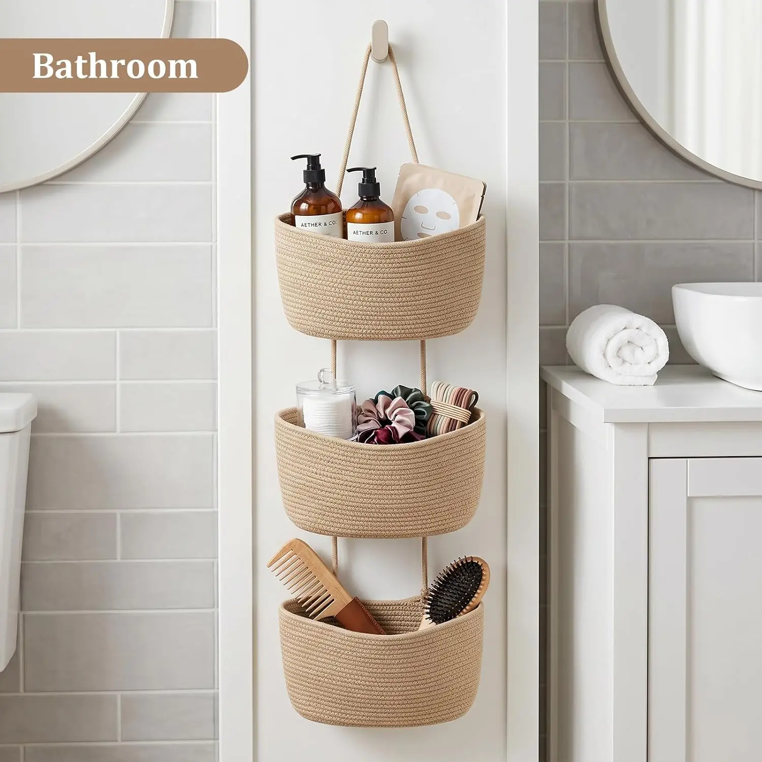 3-Tier Cotton Rope Wall Mounted Hanging Storage Basket Multilayer Organizer Bin for Bedroom Bathroom Home Decor