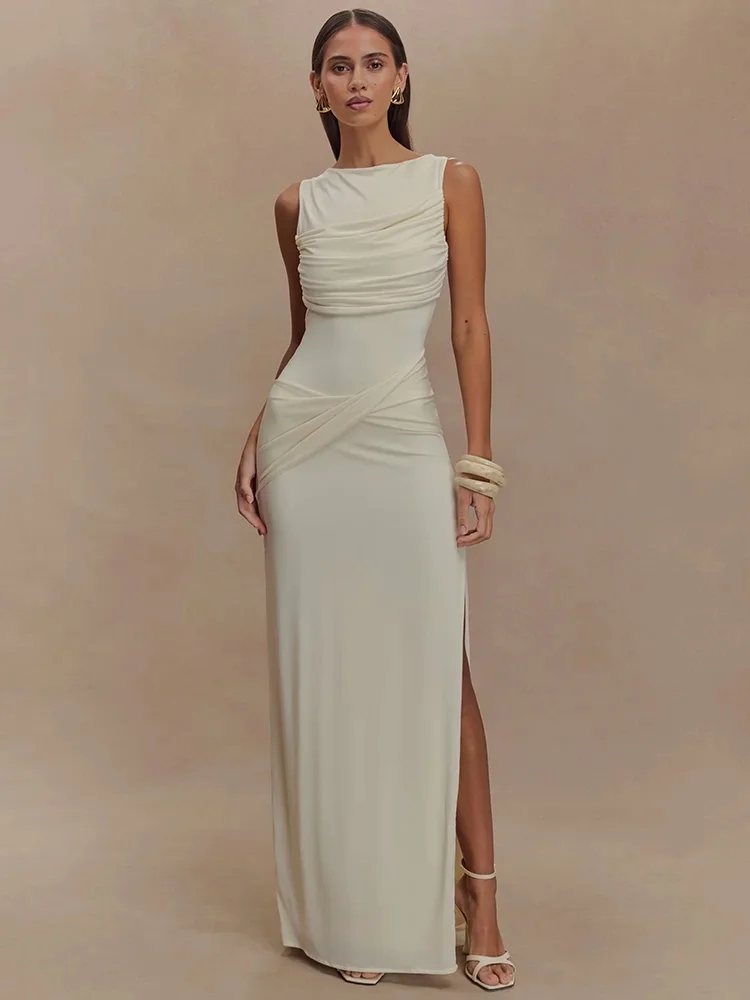 Mozision Backless Ruches Sexy Maxi Tank Jurk Vrouwen Jurk Zomer Nieuwe O Hals Dij Hoge Split Bodycon Elegante Lange Jurk Mode - afbeelding 2