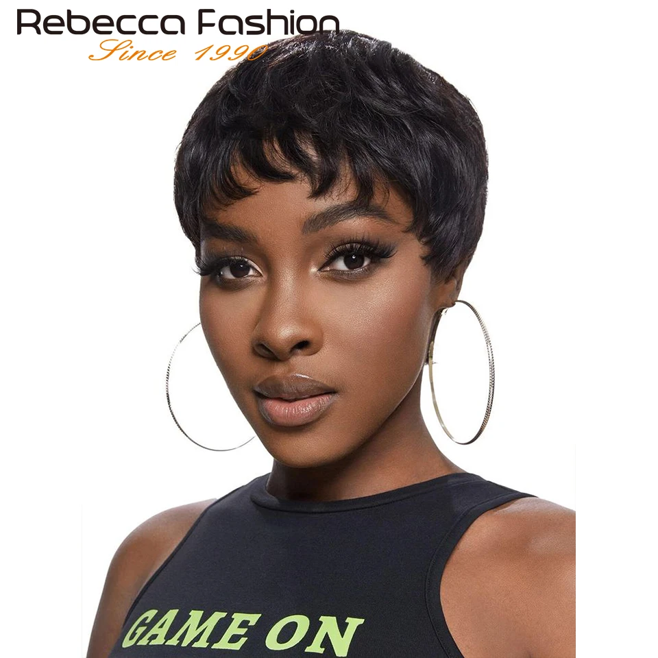 180D Short Pixie Cut Wig Natural Black Color Wave Bob Straight Human Hair Wig With Bangs Female Black Set Wine Blonde 99J