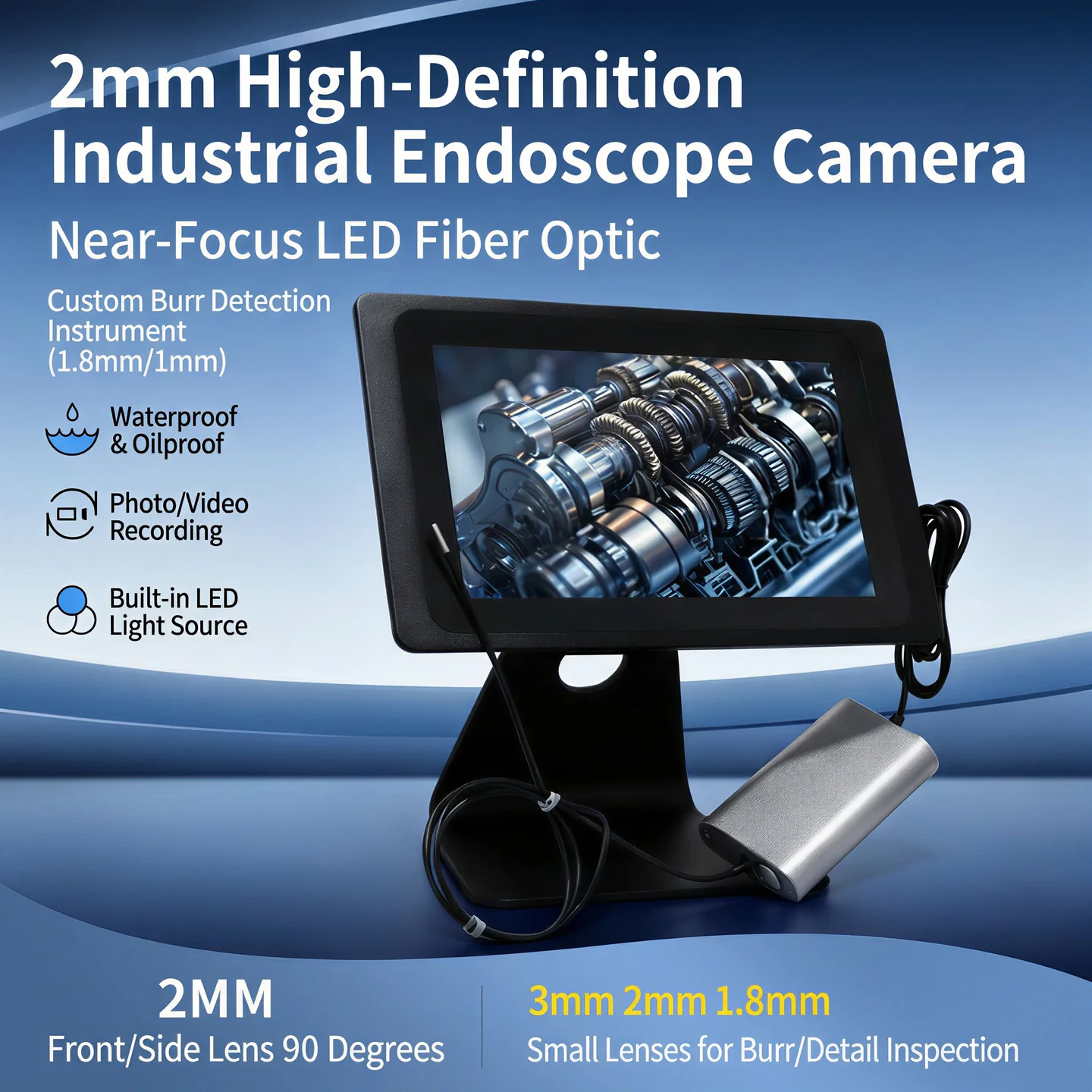 

10-дюймовый промышленный HD-эндоскоп 16W/52W/100W | Оптический зонд 1.2/2/3 мм для точной проверки заусенцев и внутренних дефектов