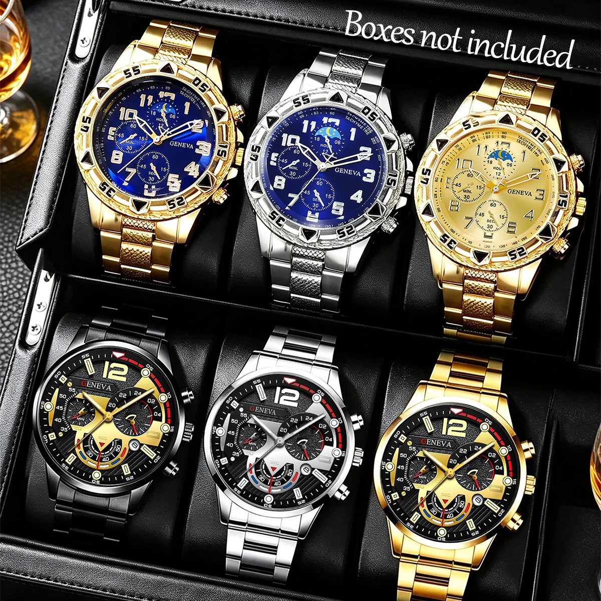 6-piece set, men's fashionable stainless steel strap quartz watch set, available in various colors, essential accessories for travel and business trips, an excellent gift for Father's Day, Halloween, Christmas, and New Year.