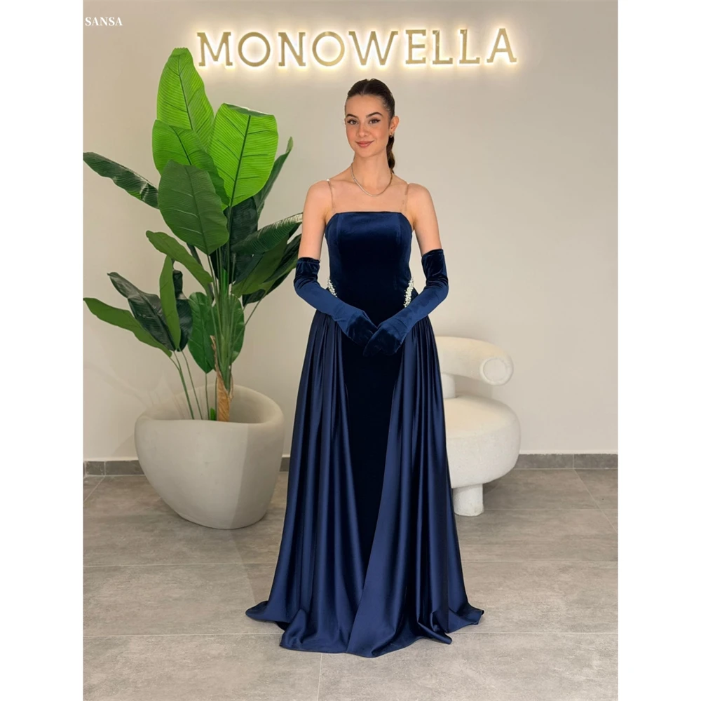 

Sansa Customized Navy Blue A-line Strapless Beaded Velvet Prom Dress Sleeveless Vestidos De Noche Floor-Length Formal Evening
