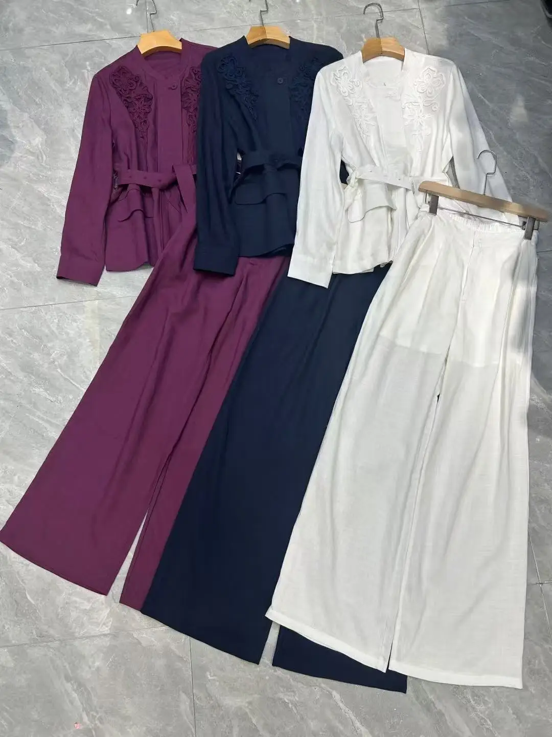 Elegant floral embroidered linen two-piece set with belt