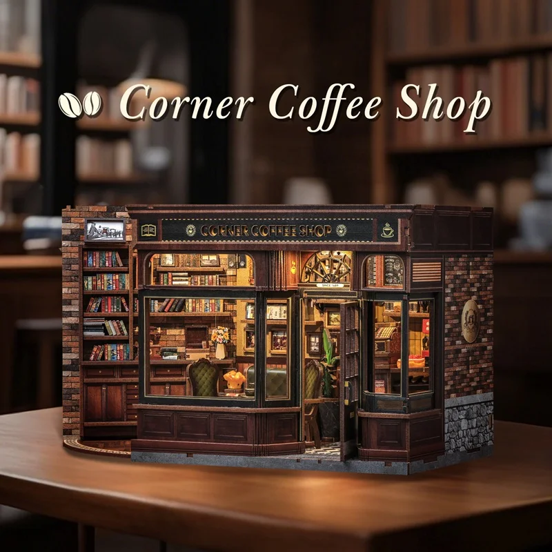 CUTEBEE DIY Book Nook Kit mit Beleuchtung – Miniatur-Holzpuppenhaus-Bücherregal-Einsatz, Deko für gemütliches Café-Modell für Zuhause und Büro
