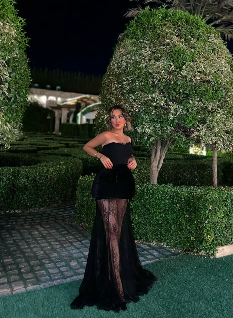 Jessica See-through Lace Embroidery Evening Dresses Sexy Off-shoulder Black Prom Dresses A-shaped Party Dresses Customized