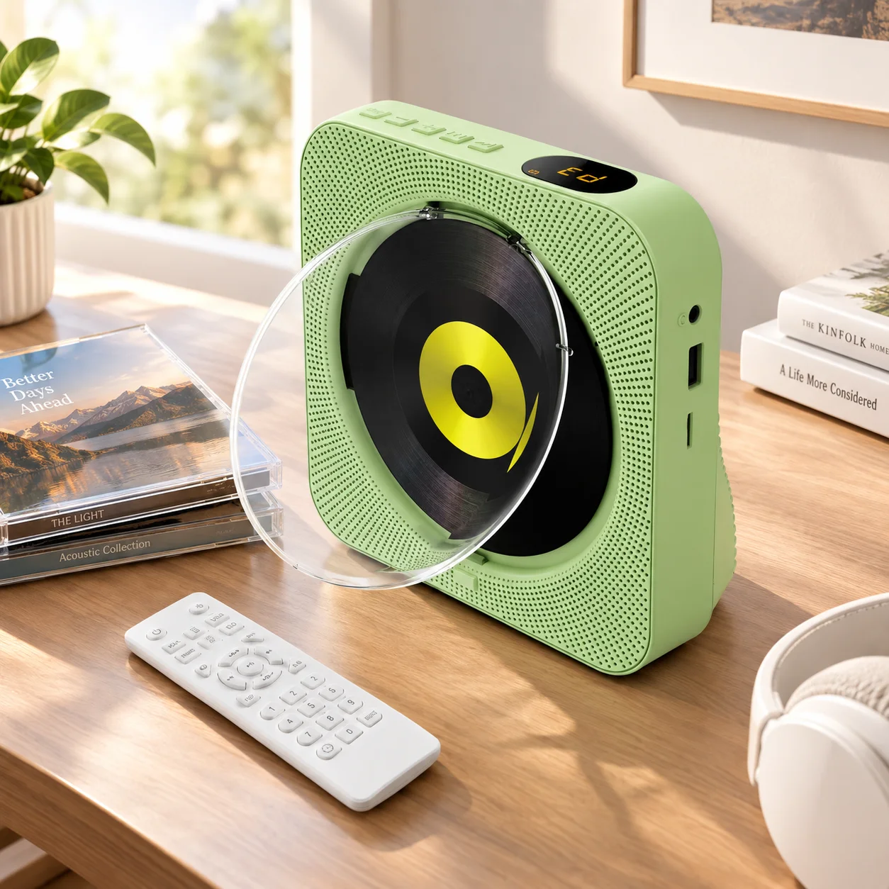 Lettore CD con sistema stereo integrato, dispositivo per la riproduzione di CD, lettore musicale da parete con presa per cuffie da 3,5 mm, ideale per la casa, la camera da letto o l’ufficio.
