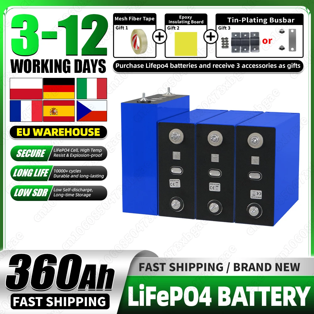 Kwaliteit A 3.2V 360Ah Lifepo4 Batterij Gloednieuwe Lithium IJzer Fosfaat Oplaadbare Cel Hoge Kwaliteit DIY 12V 24V 48V Voor RV Jacht Thuis Energie Zonne-energie Off-grid Systeem EU Voorraad