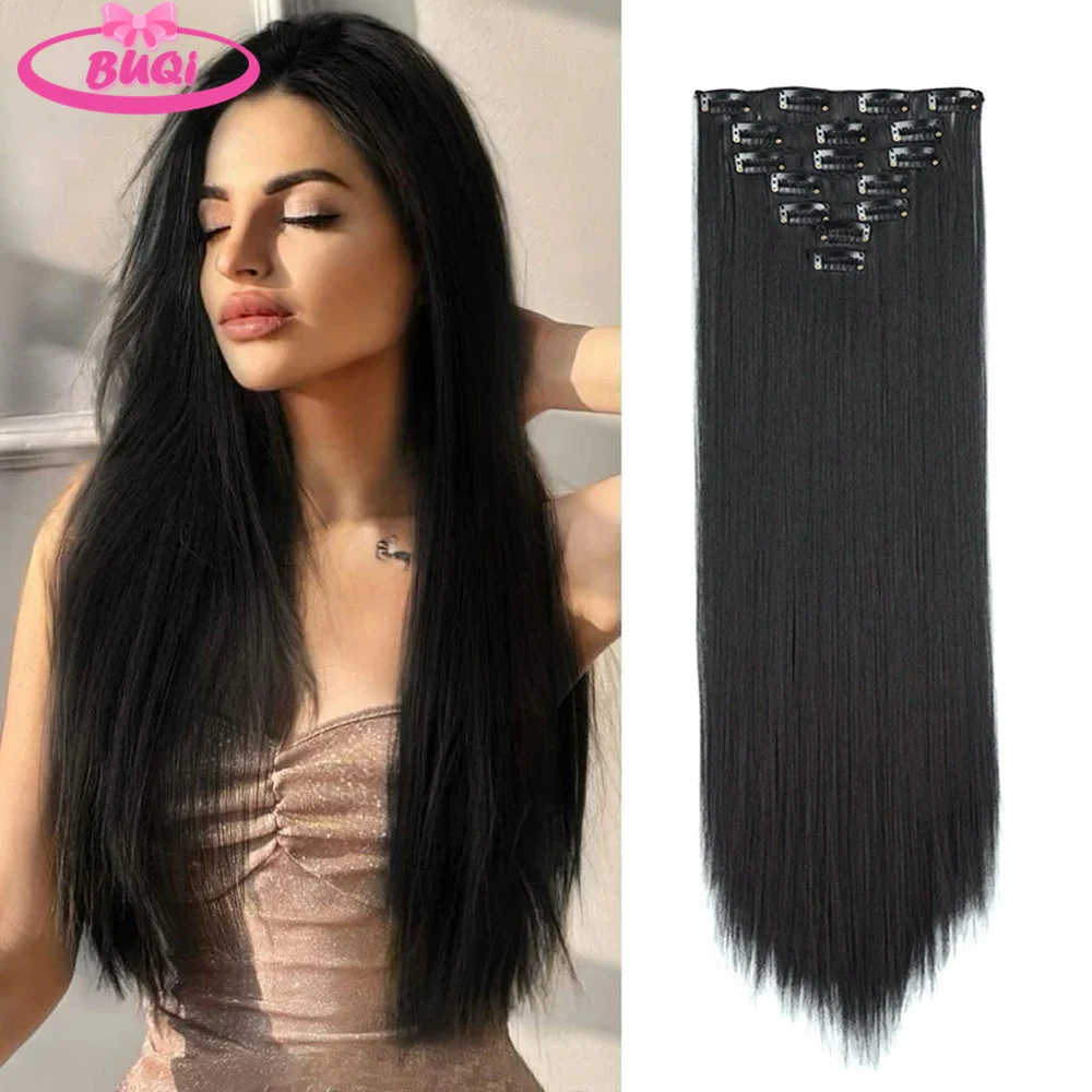 

BUQI Long Straight Hairstyle 16 Clips in Hair Extensions Full Head Synthetic Hairpieces Heat Resistant False Hair For Women