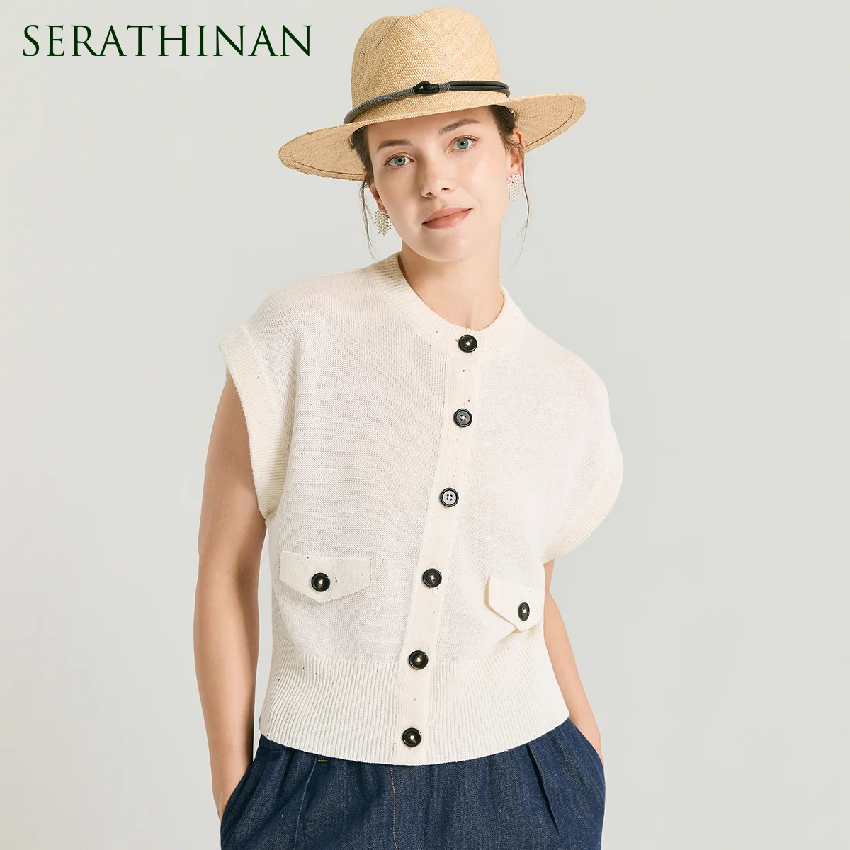 Women's 100% Linen Sequin Cardigan Vest