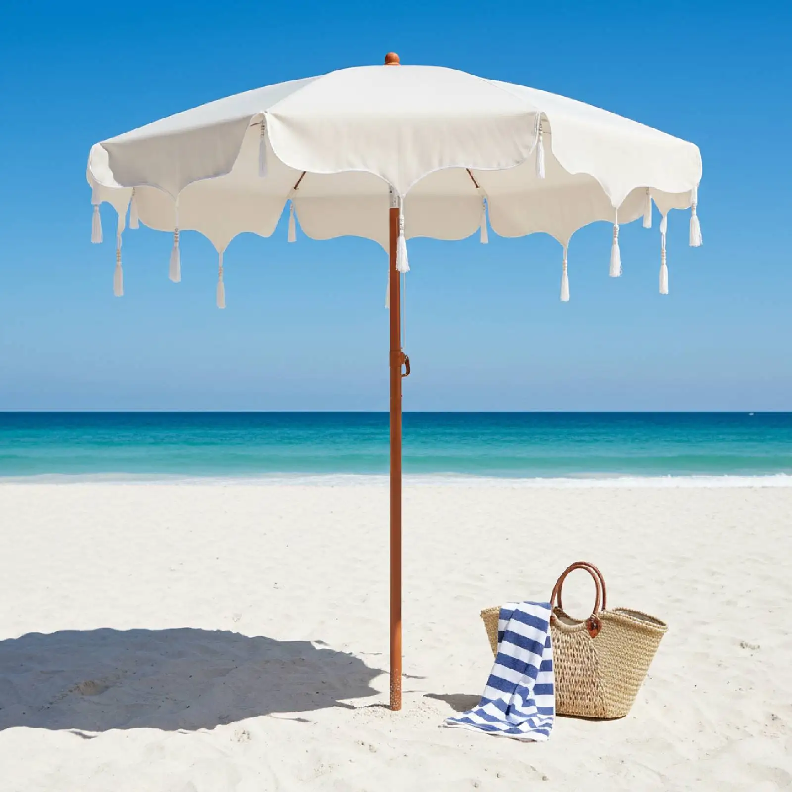 Patio Umbrella Sturdy Ribs Market Umbrella with Tassel Table Umbrella Heavy Duty Solar Protect for Garden Deck Backyard Spa