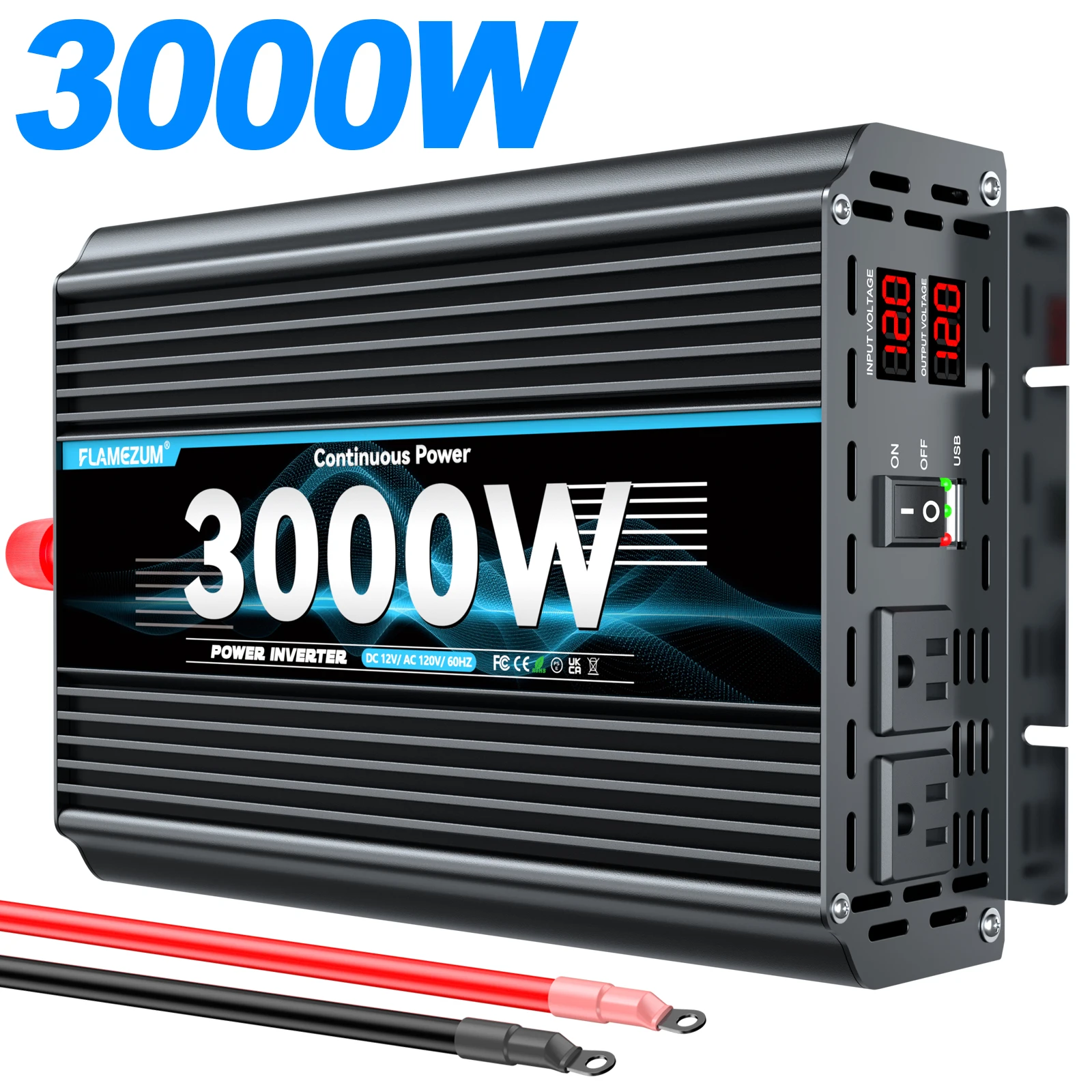 3000W Modified Wave Power Inverter DC 12V To AC 120V with 1 USB & LCD Display For Vehicles RV Solar Panel Camping gear Equipment