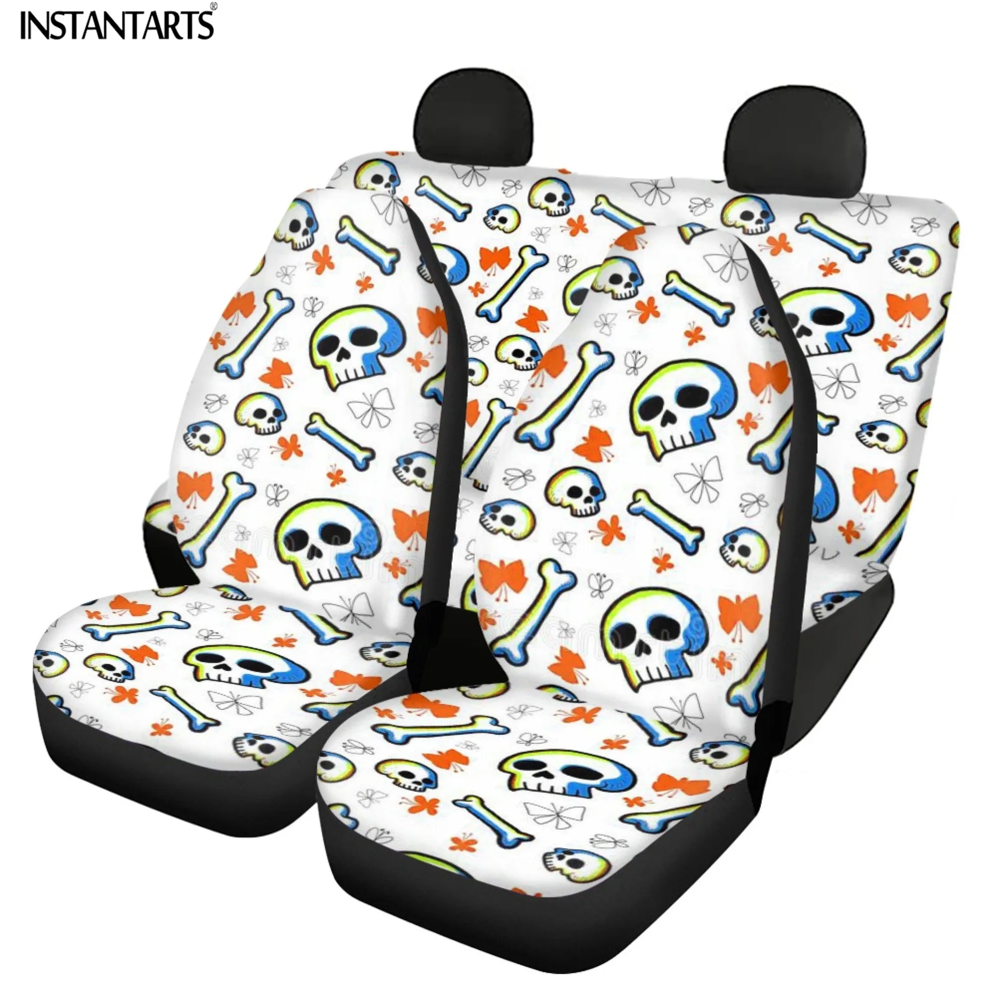 INSTANTARTS Funny Skull Design Vehicle Front and Back Seat Covers 2022 Fashion Personality Cozy Wear-resistant Car Protector Set