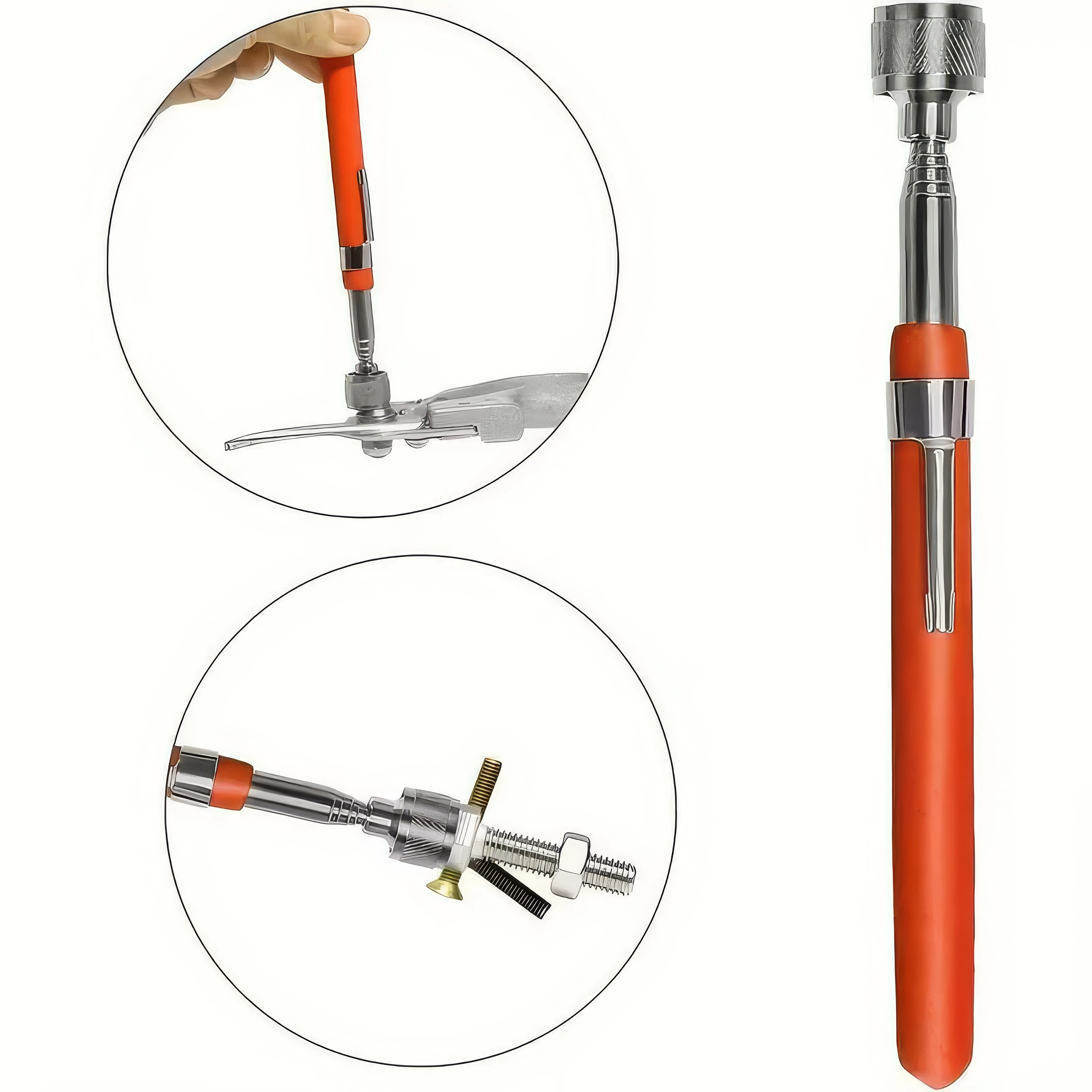 

1. Оранжевый инструмент для сбора магнитов, портативный дизайн, регулируемая длина ручки, подходит для домашнего обслуживания/управления кабелей.