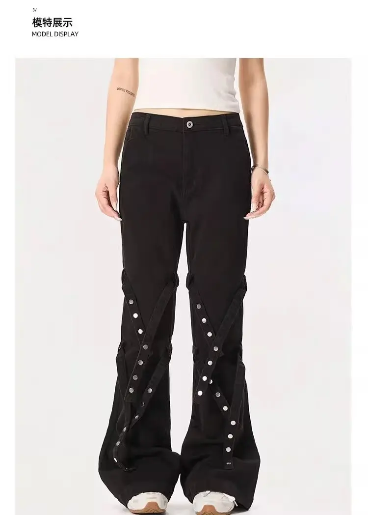 

Women's Black Gothic Work Pants Metal Button Spliced ​​High Waist Bell-Bottom Pants High Street Slim Jeans Punk 2000s Trouser